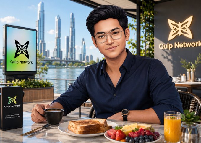 A man in a dark blue shirt and glasses sits at a marble table with breakfast (toast, fruits, coffee, and orange juice), with the "Quip Network" logo visible on a screen and a background sign, set against a city waterfront skyline.