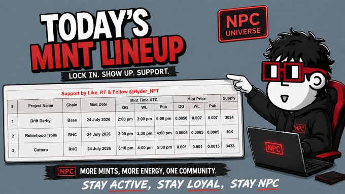 A graphic titled 'TODAY'S MINT LINEUP' from 'NPC Universe' listing upcoming NFT mints for Drift Derby, Robinhood Trolls, and Cattero with their chain, date, times, and supply.