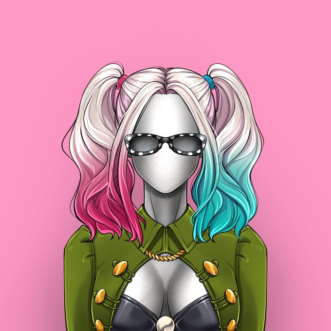A stylized digital illustration features a faceless character with blonde pigtails that fade into pink and teal, wearing polka-dot sunglasses and a green military-style jacket with gold accents, set against a pink background. The artwork aligns with the "Siren Saturday" post, showcasing the siren-themed collectible artwork created by GoodFellasNFT.