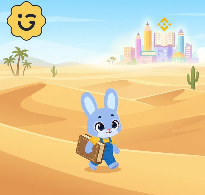An illustration of a blue cartoon rabbit carrying a brown briefcase walking through a desert landscape, with a smiling sun, palm trees, cacti, and a colorful city skyline featuring books and pencils in the background, along with a Binance logo.