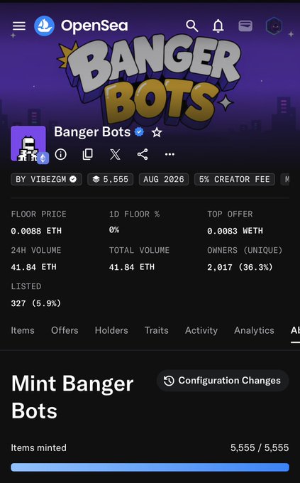OpenSea listing for 'Banger Bots' NFT collection by VIBEZGM, showing 5,555 items, a floor price of 0.0088 ETH, 24H volume of 41.84 ETH, and 2,017 unique owners, with all 5,555 items minted.
