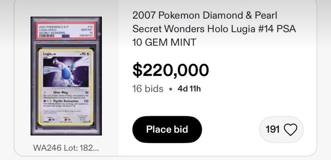 An eBay auction listing for a '2007 Pokemon Diamond & Pearl Secret Wonders Holo Lugia #14 PSA 10 GEM MINT' card priced at $220,000 with 16 bids and 4 days 11 hours remaining.