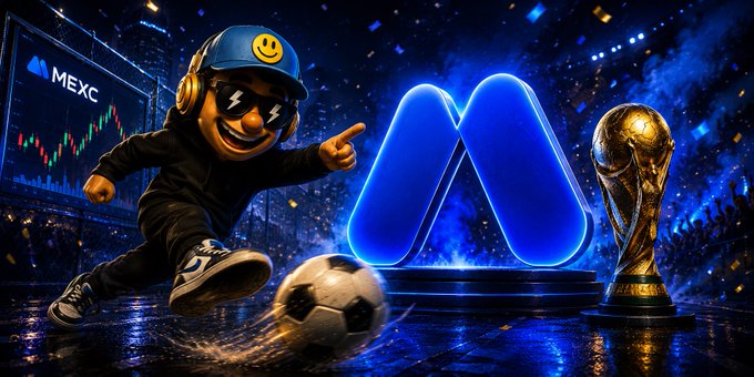 A cartoon mascot wearing a smiley-face cap and sunglasses runs toward a glowing blue "M" trophy alongside a World Cup trophy and soccer ball, with the MEXC logo displayed on a trading screen in the background. The image ties MEXC's "Path to Glory" campaign to World Cup hype, matching the post's message about blending football excitement with crypto trading.