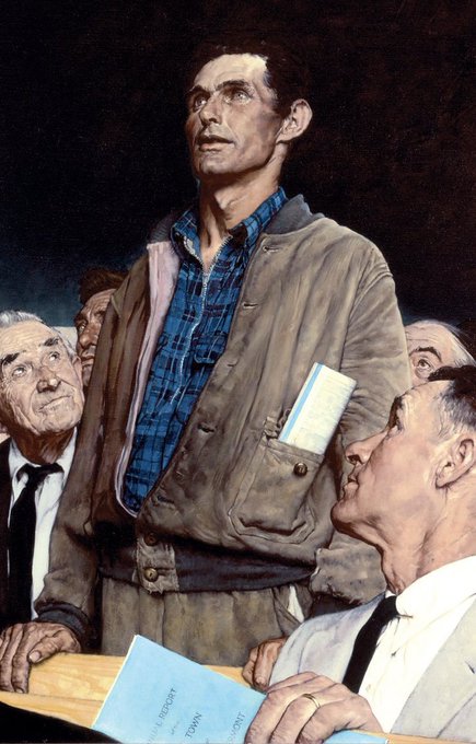 A Norman Rockwell-style painting depicting a man in a brown jacket over a blue plaid shirt standing among a crowd, with a visible pamphlet reading 'BOSTON CONSERVATORY'.