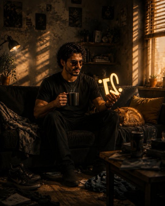 A man with curly hair and sunglasses sits on a dark couch in a dimly lit, grungy apartment, holding a mug while a cat sleeps nearby; a neon sign reading 'T.S.' glows beside him.