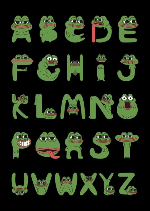 An image displaying a complete alphabet (A through Z) where each letter is creatively styled as Pepe the Frog in various poses and expressions, matching the "alphapep." caption by combining the alphabet with the popular internet meme character.