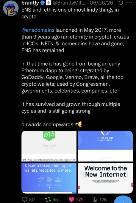 A tweet from brantly argues that ENS and .eth are 'one of most lindy things in crypto,' highlighting ENS's longevity since 2017 and adoption by major platforms like GoDaddy, Google, and Venmo.