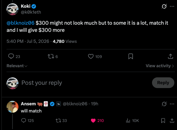The image shows a tweet exchange where Koki (@k0k1eth) pledges $300 to @blknoiz06, while Ansem (@blknoiz06) replies confirming "will match," illustrating the first $600 of the $900 total giveaway referenced in the post.