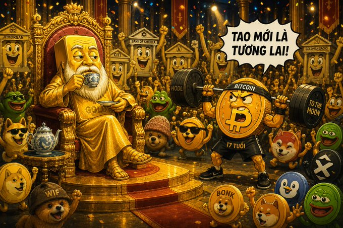 A satirical illustration shows a gold-covered figure sitting on a throne as a muscular Bitcoin character lifts weights, surrounded by cheering meme coins like Dogecoin and Shiba Inu, with text in Vietnamese reading 'TAO MỚI LÀ TƯƠNG LAI!' (I am the future!).