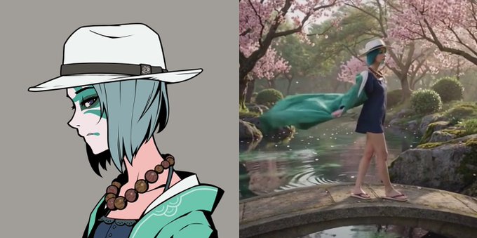 Side-by-side comparison showing an anime-style illustration of a character with a white hat, teal hair, and green face markings on the left, and a realistic photo recreation of the same character in a flowing green dress walking across a stone bridge in a cherry blossom garden on the right.