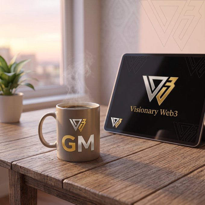 A steaming coffee mug branded with the "Visionary Web3" logo and "GM" sits on a wooden table beside a tablet displaying the same Visionary Web3 branding, perfectly capturing the relaxed "GM" (good morning) crypto greeting while the post reflects a calm, long-term builder mindset amid market chop.
