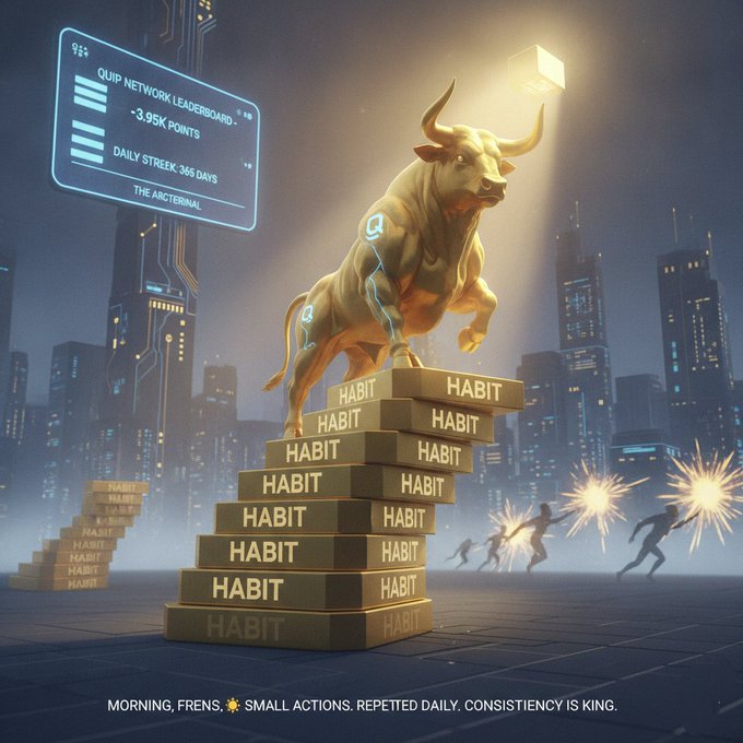 A golden bull stands triumphantly atop a pyramid of gold bars labeled "HABIT," set against a futuristic cityscape with a leaderboard displaying "QUIP NETWORK LEADERBOARD - 3.95K POINTS" and a "DAILY STREAK: 365 DAYS." The image visually reinforces the post's message that consistent small actions—like a 365-day daily streak—compound into meaningful achievements and leadership on Quip Network.