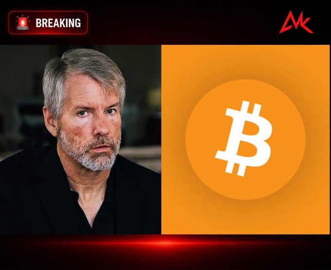A breaking news thumbnail from MK featuring a portrait of Michael Saylor next to a large orange Bitcoin logo.