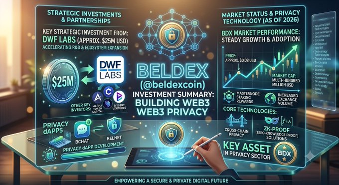 An infographic titled 'BELDEX (@beldexcoin)' summarizing the cryptocurrency's investment, including a $25M strategic investment from DWF Labs and highlighting privacy dApps like BChat and BelNet.