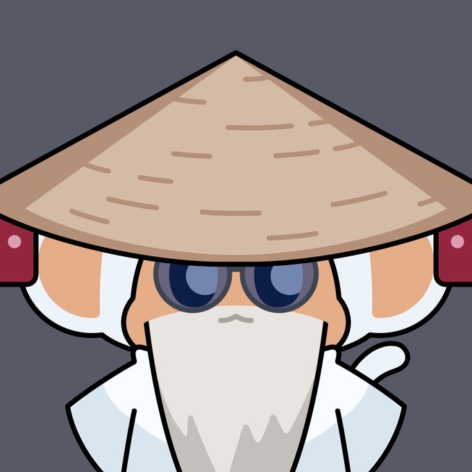 Cartoon mascot character with a white beard, sunglasses, and a conical straw hat on a gray background.