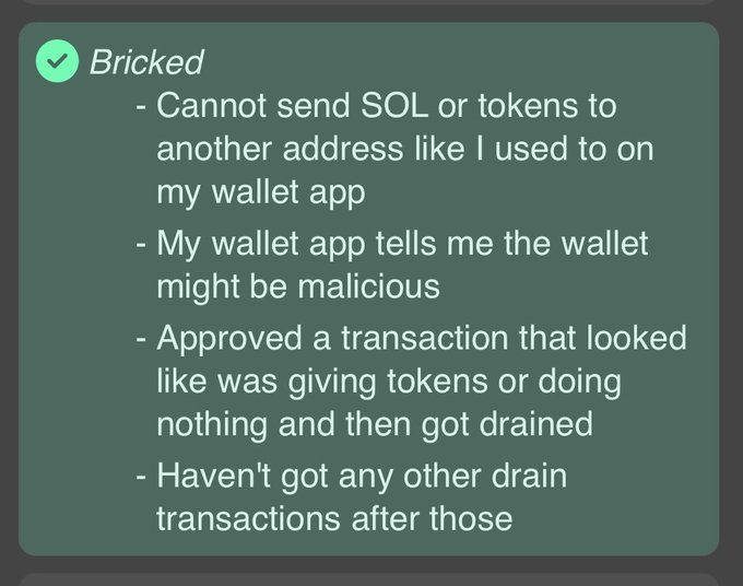 A dark green chat message box with a checkmark labeled 'Bricked', listing troubleshooting points including issues with sending SOL/tokens, wallet app warnings, and drain transactions.