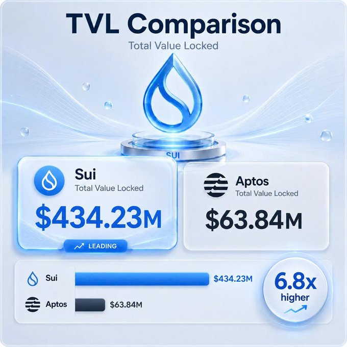 An infographic titled "TVL Comparison" comparing Total Value Locked between Sui at $434.23M (marked "LEADING") and Aptos at $63.84M, noting Sui is 6.8x higher, featuring the Sui water drop logo.