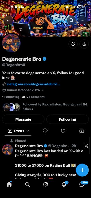 A screenshot of the X profile for 'Degenerate Bro' (@DegenbroX), displaying a banner, bio, and pinned tweet about a $1,000 to $7,000 Raging Bull giveaway.
