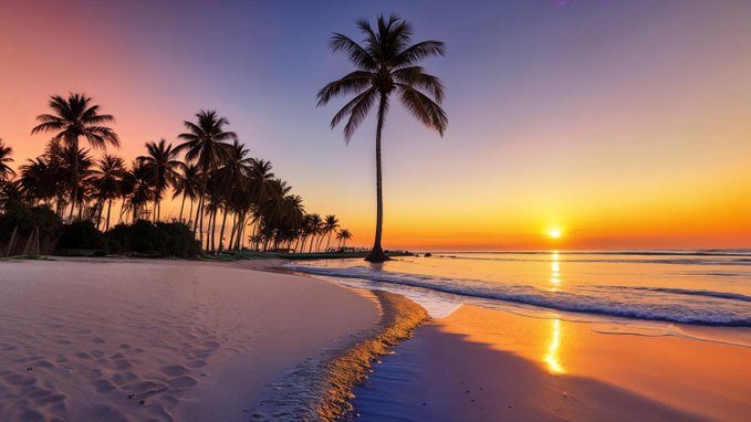 A tropical beach scene at sunset featuring palm trees silhouetted against an orange and pink sky, with waves gently rolling onto the sandy shore.