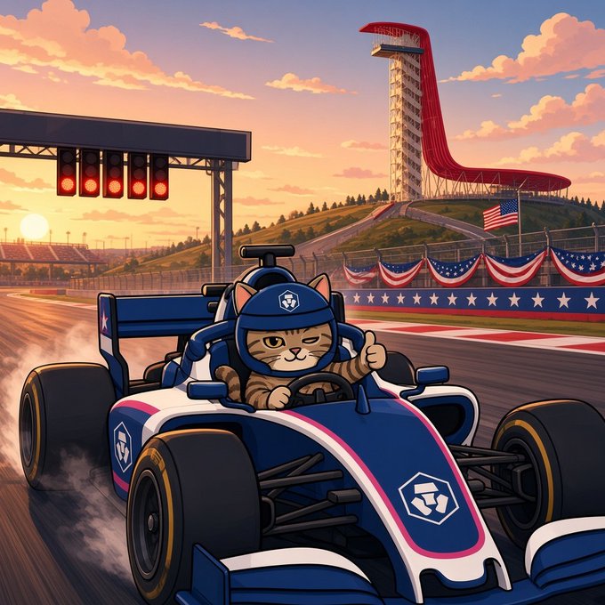 Illustrated anthropomorphic cat racer driving a blue, white, and red open-wheel race car on a racetrack at sunset, with flags, bunting, starting lights, and a tall observation tower in the background.