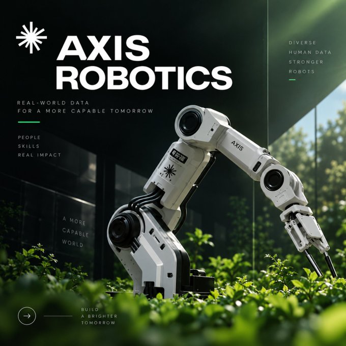 A promotional banner for 'AXIS ROBOTICS' featuring a white robotic arm in a greenhouse or garden setting, with tagline text including 'Real-world data for a more capable tomorrow,' 'Diverse human data stronger robots,' and 'Build a brighter tomorrow.'