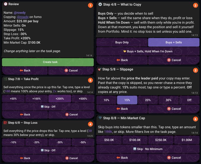 A grid of screenshots from a trading bot configuration interface on what appears to be Trojan, showing review settings, buy/sell rules, slippage, take profit, stop loss, and minimum market cap options for a token called @rowdy on FOMO.
