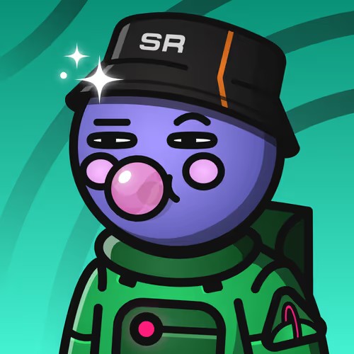 A cartoon character with a blue face, pink bubble gum bubble, and black "SR" bucket hat is shown on a green swirled background, matching the narrator's description of their new SpaceRiders (SR) NFT featuring a bucket hat and bubble gum.
