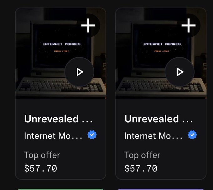 Two NFT listing cards display unrevealed "Internet Monk..." (Internet Monkes) NFTs by a verified creator, each with a top offer of $57.70, featuring retro computer monitor imagery with "INTERNET MONKES PRESS START!" text on the screens, showing the user successfully minted their NFT.