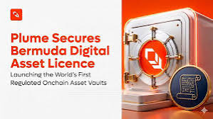 The image features a white background with an orange border that displays text about Plume securing Bermuda Digital Asset Licenses. The text includes phrases such as "launching the world's first regulated ONCHAIN Asset Vault", "Regulated ONCHAIN Asset Vaults" and "Regulating ONCHAIN Asset Vaults". There is also a small image of a coin on the right side of the frame, which could be related to the Bermuda Digital Asset License.