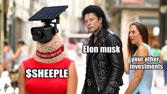 A meme image showing a sheep-like figure with a surveillance camera for a head labeled '$SHEEPLE' facing Elon Musk and a woman labeled 'your other investments' on a street.