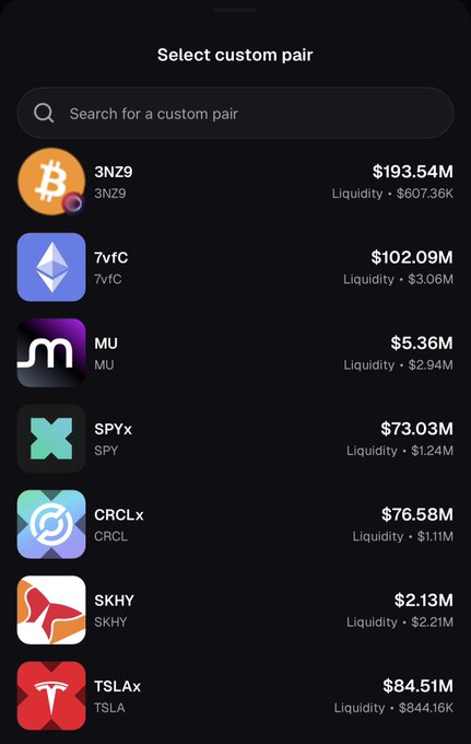 The image displays the "Select custom pair" screen on the Pump app, showing tokenized assets like 3NZ9 ($193.54M), 7vfC ($102.09M), MU ($5.36M), SPYx ($73.03M), CRCLx ($76.58M), SKHY ($2.13M), and TSLAx ($84.51M) along with their liquidity values. This aligns with the announcement of Pump.fun launching stock and crypto trading pairs, including tokenized assets like $TSLAx (Tesla).