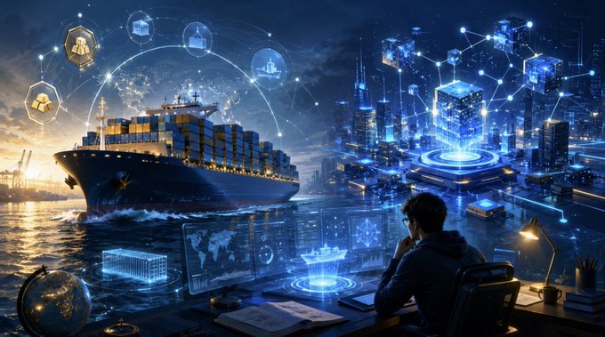 A futuristic digital illustration showing a person working at a computer console overlooking a harbor with a large cargo ship, with holographic icons and glowing blue data networks connecting to city skyscrapers.