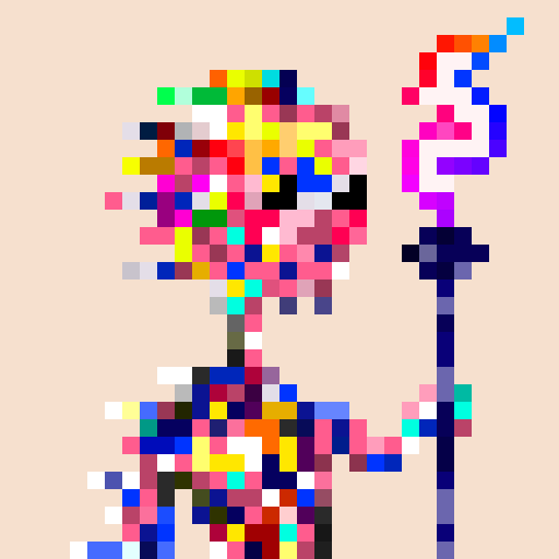 The image shows a pixel art figure holding a staff, with a multicolored face composed of vibrant pixel blocks in shades of red, pink, blue, yellow, and green, set against a peach background. The artwork appears to be a creative NFT-style design intended for a crypto giveaway contest requiring participants to follow, like, retweet, and comment with their EVM wallet.