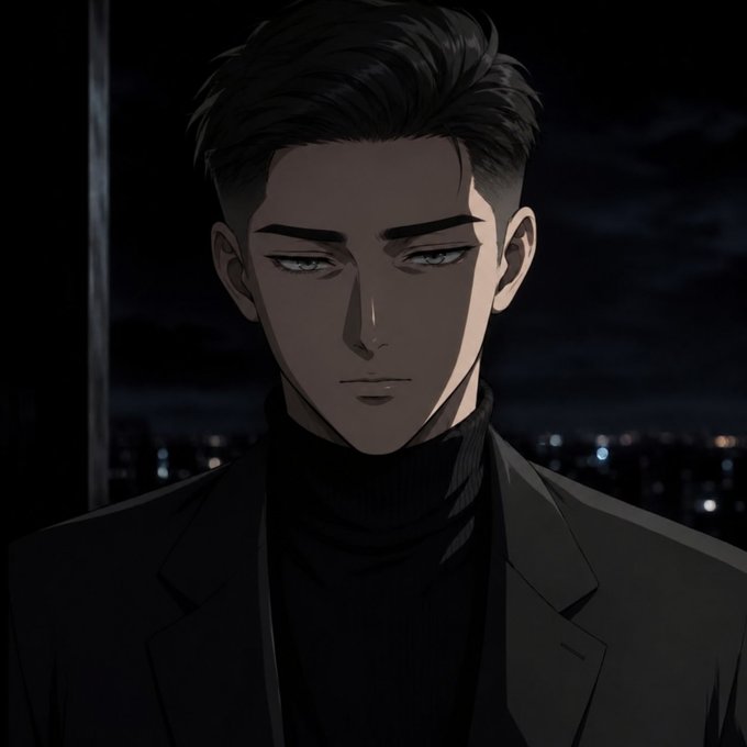 An anime-style portrait of a sharp-featured man in a black suit and turtleneck with a serious expression against a dark night city backdrop.
