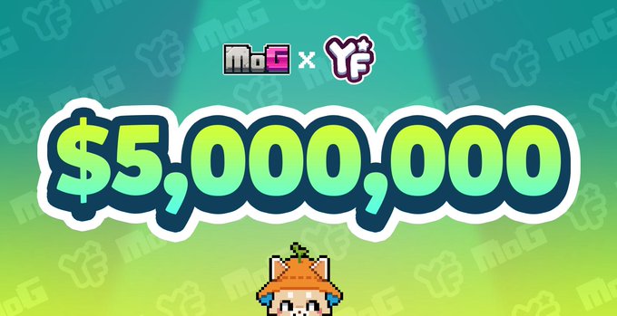 MoG x YF promotional banner displaying '$5,000,000' in large text with a pixel art character below on a green background.