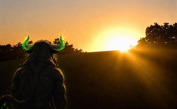 A digital illustration shows a horned, bull-like creature with glowing green horns viewed from behind, looking toward a bright sunset on the horizon.