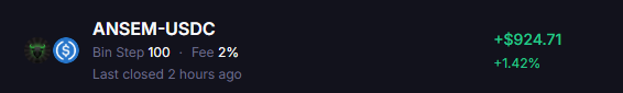 A crypto trading interface displays a market for 'ANSEM-USDC' showing a value of $924.71 (+1.42%), with 'Bin Step 100 · Fee 2%' and noted as last closed 2 hours ago.