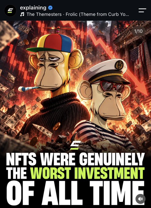 The image shows an Instagram-style graphic from "Explainining" featuring two Bored Ape NFT characters against a backdrop of financial chaos, with the headline "NFTS WERE GENUINELY THE WORST INVESTMENT OF ALL TIME" displayed prominently in white and green text.