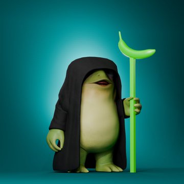 A 3D-rendered green character in a dark hooded cloak, holding a tall staff topped with a crescent moon shape.