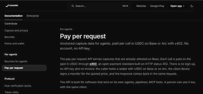 A documentation webpage for Vanguard titled 'Pay per request' describing an API for USDC payments on Base or Arc via x402.
