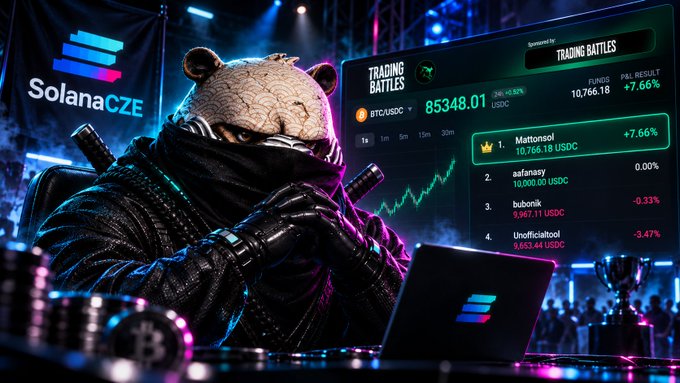 A bear-headed figure in a mask sits at a laptop displaying a trading screen labeled 'TRADING BATTLES' with 'SolanaCZE' branding, BTC/USDC showing 85348.01, and a leaderboard ranking 'Mattonol' first.