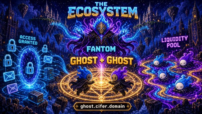 A fantasy digital illustration titled 'THE ECOSYSTEM' featuring 'FANTOM' and 'GHOST + GHOST' with magical sigils, blue and purple ghost-like characters, and labels 'ACCESS GRANTED' and 'LIQUIDITY POOL', along with the URL 'ghost.cifer.domain'.