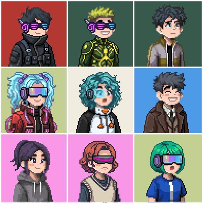 The image features a grid of nine square photos, each depicting a different character wearing glasses and a hoodie with headphones. The characters are all smiling for the camera, creating an engaging and lively atmosphere. The posts accompanying these images provide information about a giveaway where participants can win 10,000 Mint tokens in exchange for sharing their posts on social media using specific hashtags.