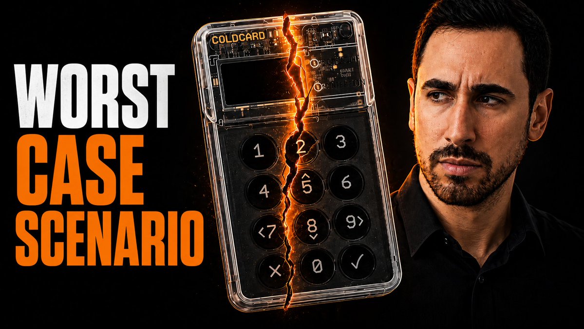 A YouTube thumbnail titled "WORST CASE SCENARIO" features a man beside an image of a cracked COLDCARD hardware wallet with fiery fissures splitting the device, visually symbolizing the security breach discussed in the live stream with Foundation CEO Zander Herbert about a major Bitcoin self-custody hack.
