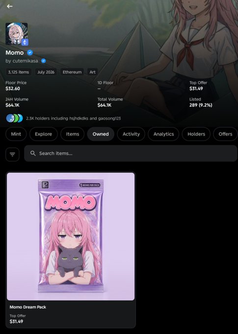 An NFT collection page for 'Momo' by cutemikasa on Ethereum, showing 3,125 items, a floor price of $32.60, and the 'Momo Dream Pack' card featuring a pink-haired anime girl holding a black cat.