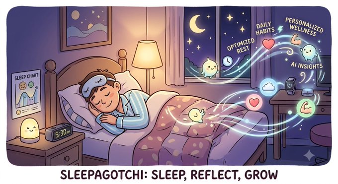 A whimsical illustration of a child sleeping peacefully in bed with a sleep mask, surrounded by floating spirits and text bubbles reading 'OPTIMIZED REST,' 'DAILY HABITS,' 'PERSONALIZED WELLNESS,' and 'AI INSIGHTS,' captioned 'SLEEPAGOTCHI: SLEEP, REFLECT, GROW.'
