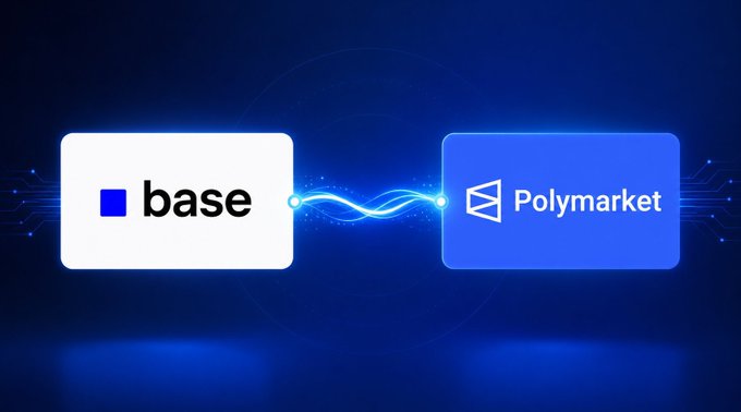 The image features two logos side by side, one for Base and another for Polymarket. The logos are displayed against a blue background with white text that reads "BASE" and "POLYMARKET", respectively. The logos are positioned next to each other in a way that they appear to be connected or linked together.