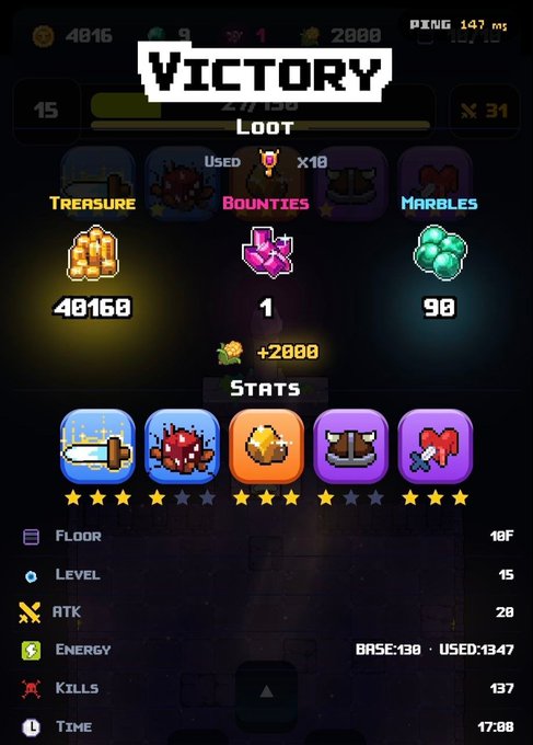 A 'VICTORY' screen from a mobile dungeon crawler game showing loot rewards (Treasure 40160, Bounties 1, Marbles 90) and stats including Floor 16, Level 15, ATK 20, Energy used 1347, 137 kills, in 17:08.