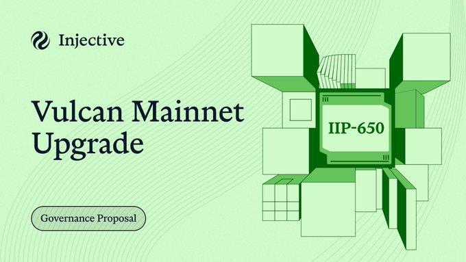The image shows a graphic of a green square with white text that reads "Injective Vulcan Mainnet Upgrade". The caption beneath this text explains that a new proposal for a virtual oracle engine has been created, which will be the foundational layer for future generations of digital assets such as perpetuals and stablecoins. These types of assets typically require lower fees compared to traditional centralized exchanges like Coinbase, and tokenization can help provide more efficient trading solutions in various markets across the globe. The post provides information about this new proposal and its potential impact on the crypto world.