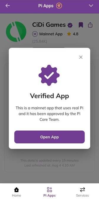 A mobile screenshot of the Pi Apps interface showing CiDi Games as a verified mainnet app with a 4.8 star rating and 25.84K users.